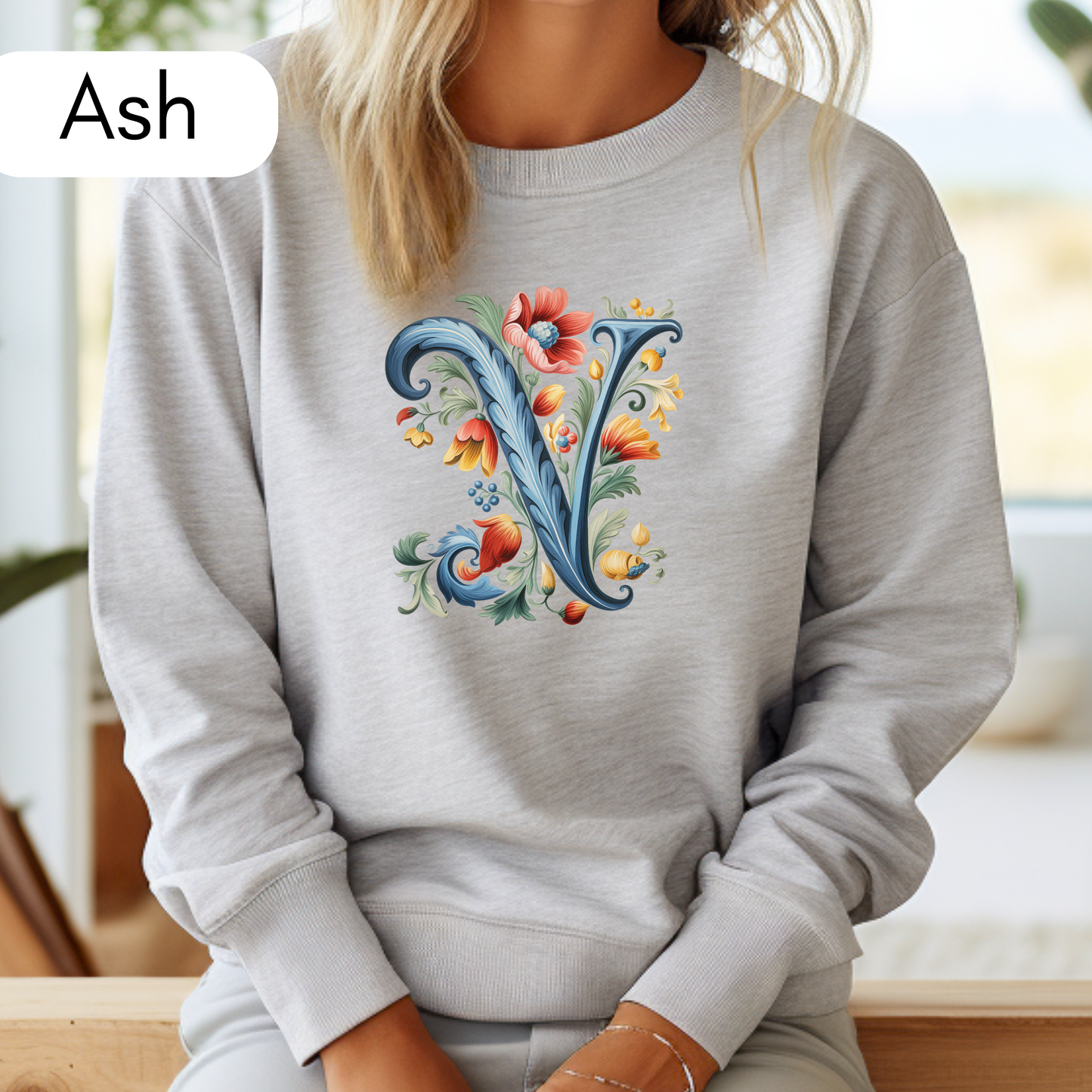 Monogram V Sweatshirt Norwegian Rosemaling Letter V Monogram Sweatshirt