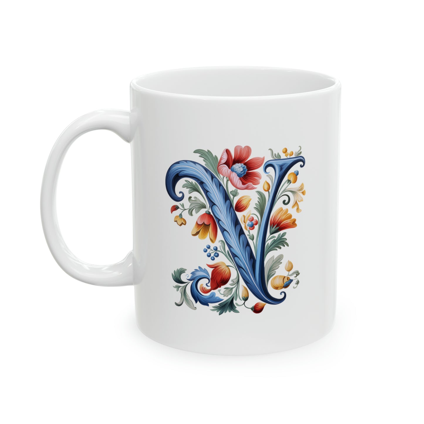 V Norwegian Rosemaling Mug Norway Alphabet Coffee Mug 11oz