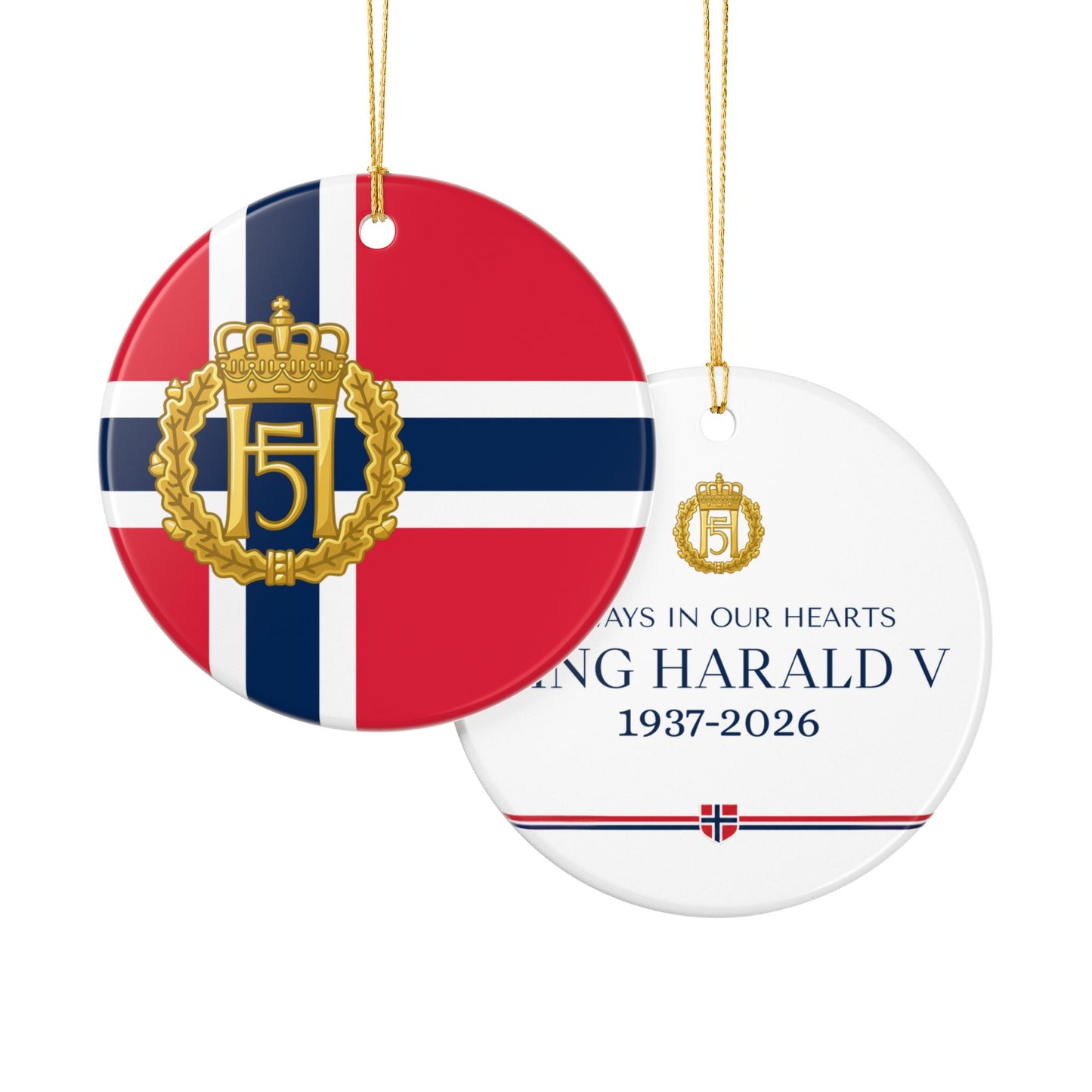 King Harald V Memorial Ornament – Norwegian Flag Ceramic Christmas Ornament