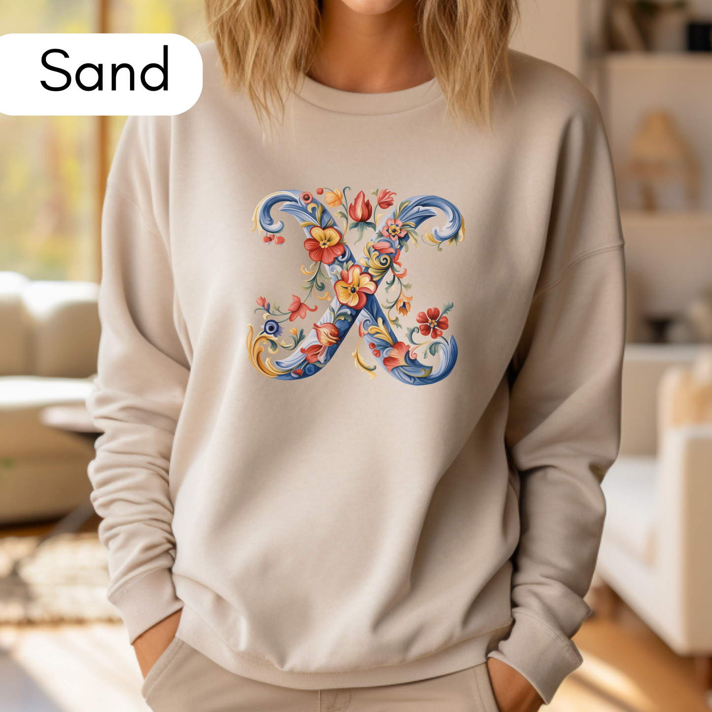 Monogram X Sweatshirt Norwegian Rosemaling Letter X Monogram Sweatshirt