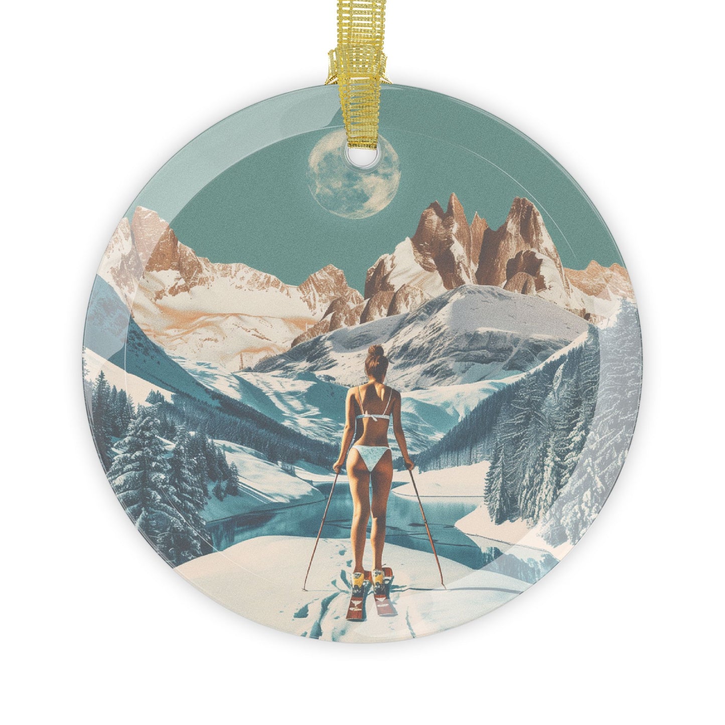 Winter Ski Scene Glass Ornament Fun Christmas Decoration, Unique Holiday Gift, Nordic Adventure Decor