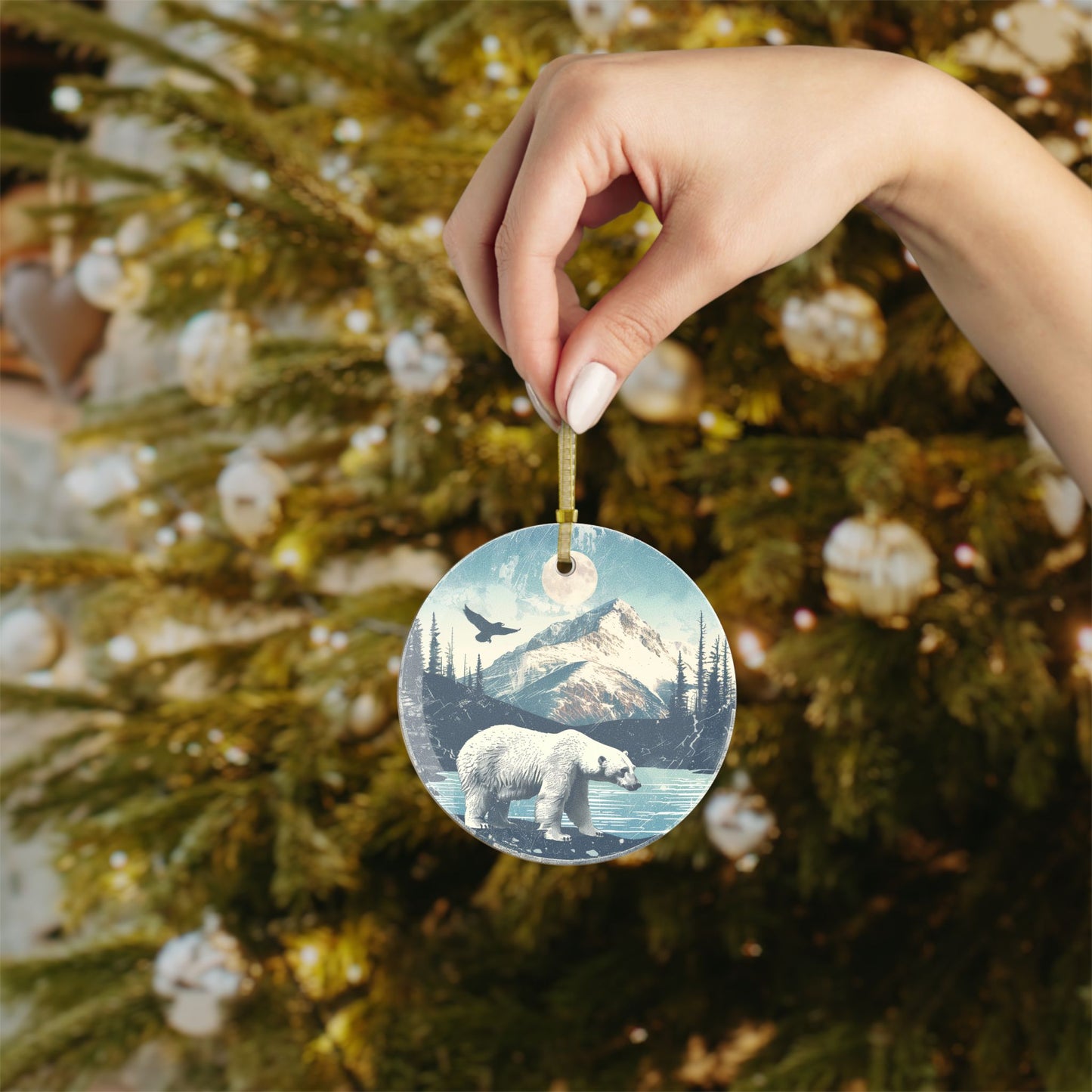 Norwegian Glass Christmas Ornament Polar Bear and Mountain Scene, Beveled Glass, Elegant Holiday Decor Gift