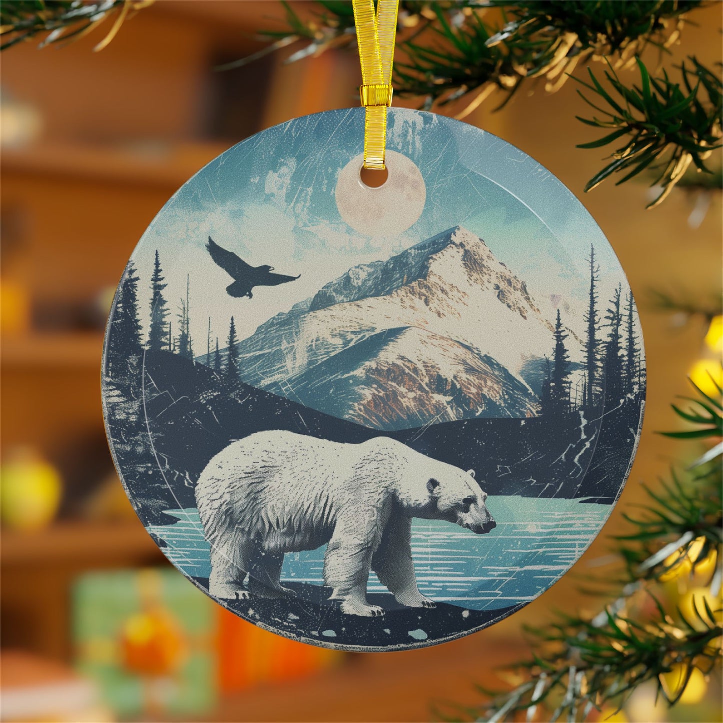 Norwegian Glass Christmas Ornament Polar Bear and Mountain Scene, Beveled Glass, Elegant Holiday Decor Gift