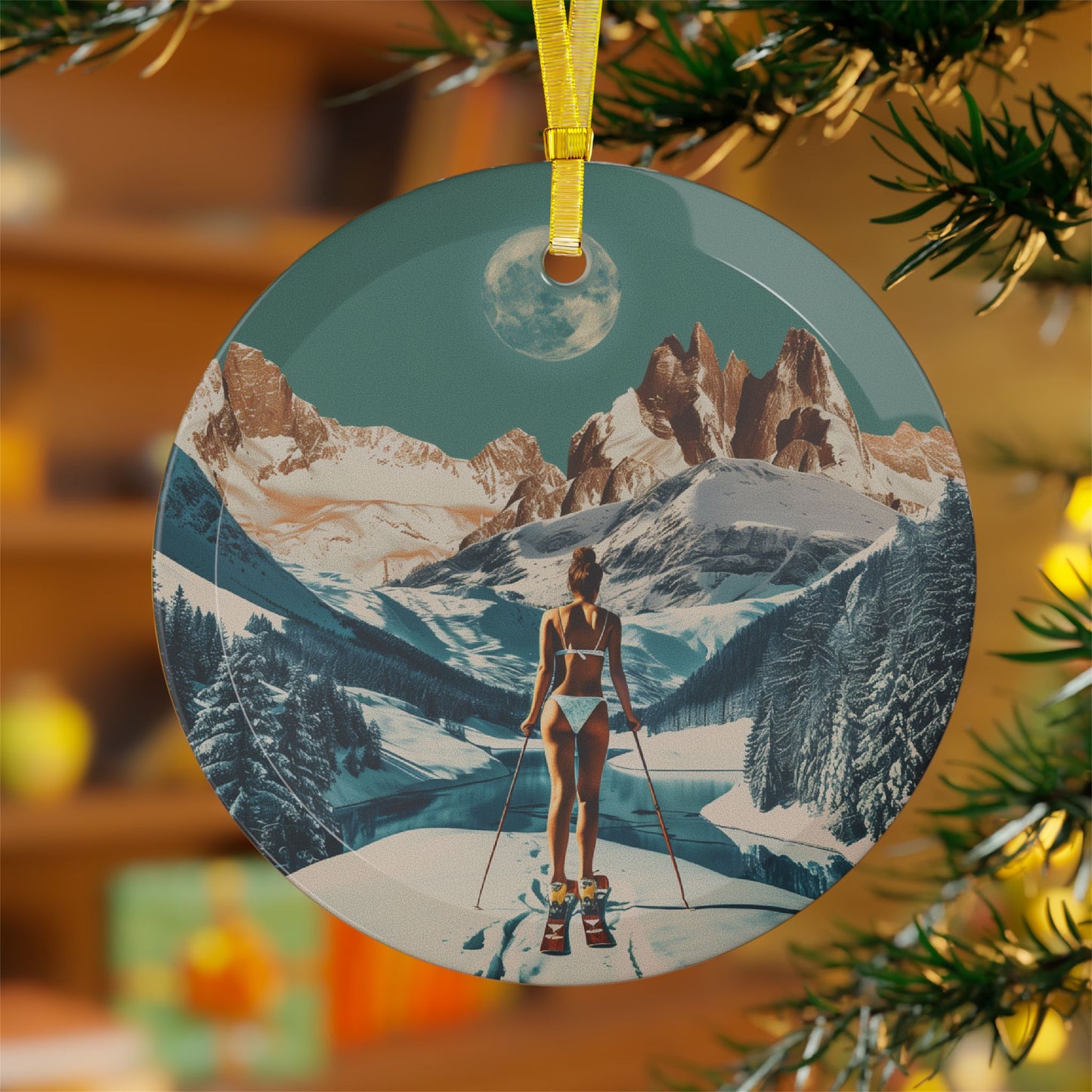 Winter Ski Scene Glass Ornament Fun Christmas Decoration, Unique Holiday Gift, Nordic Adventure Decor