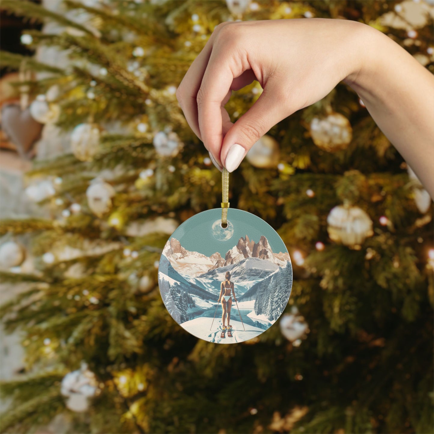 Winter Ski Scene Glass Ornament Fun Christmas Decoration, Unique Holiday Gift, Nordic Adventure Decor