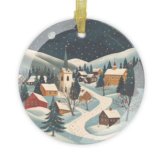 Snowy Village Glass Ornament Elegant Christmas Decoration, Holiday Gift, Nordic Winter Scene Decor