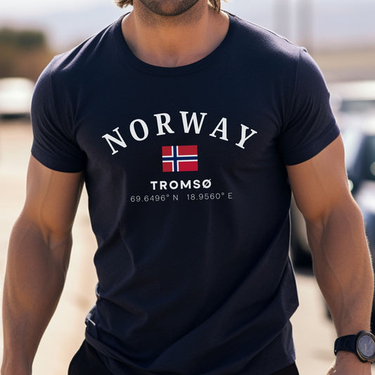 Tromsø Coordinates – Men’s Norway Flag T-Shirt