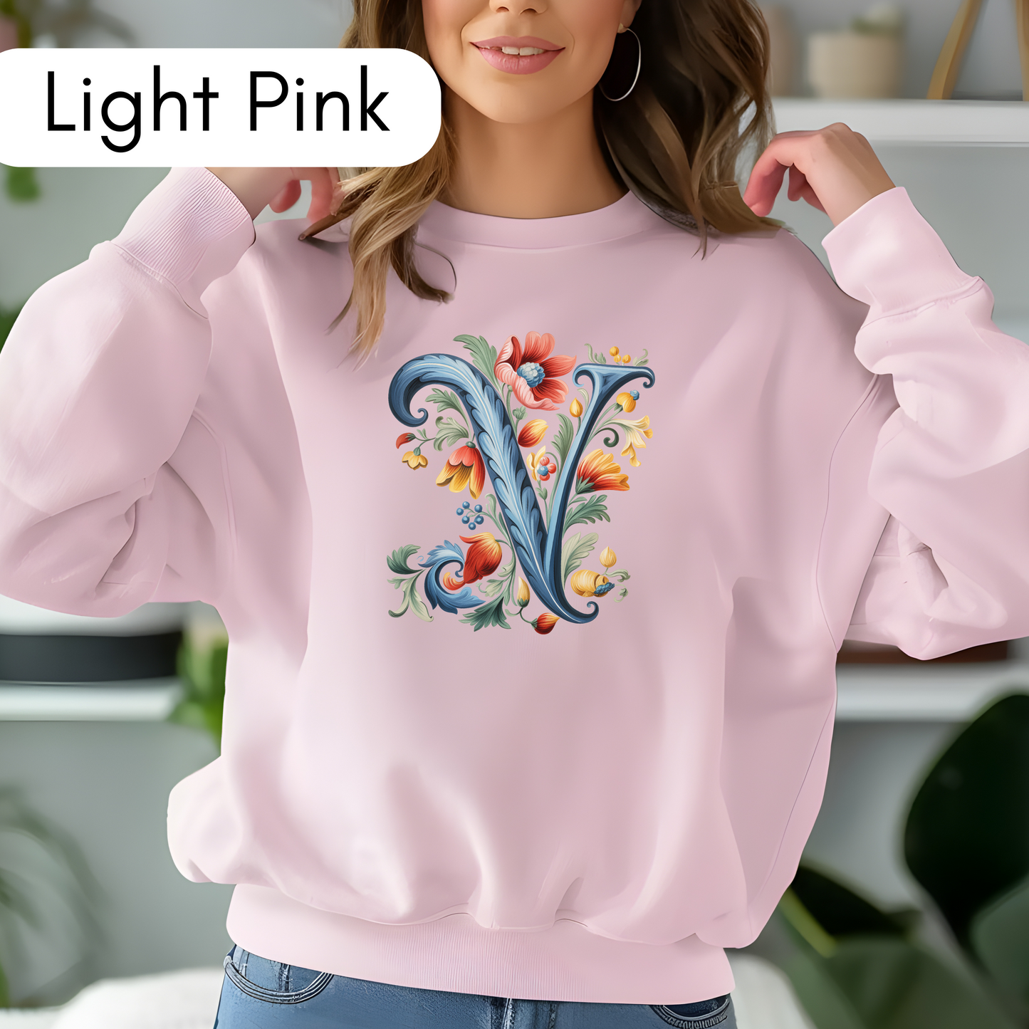 Monogram V Sweatshirt Norwegian Rosemaling Letter V Monogram Sweatshirt