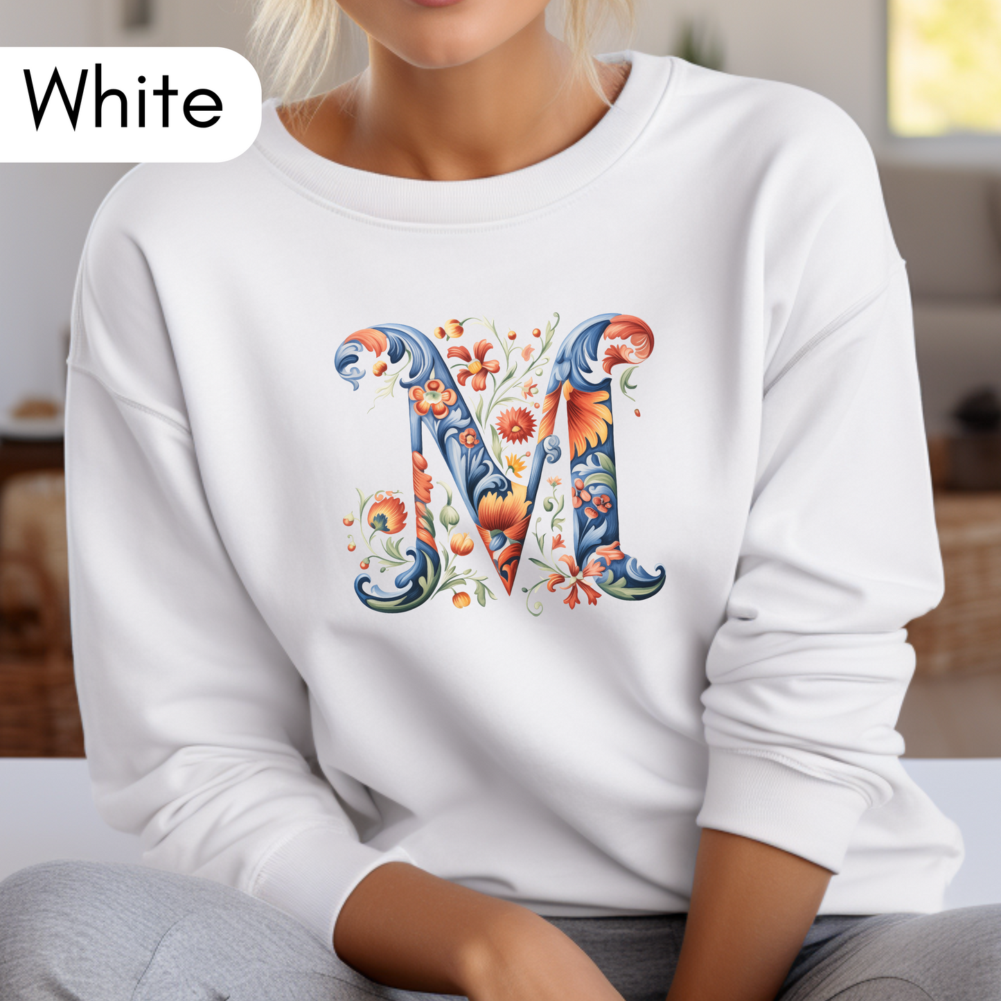 Monogram M Sweatshirt Norwegian Rosemaling Letter M Monogram Sweatshirt