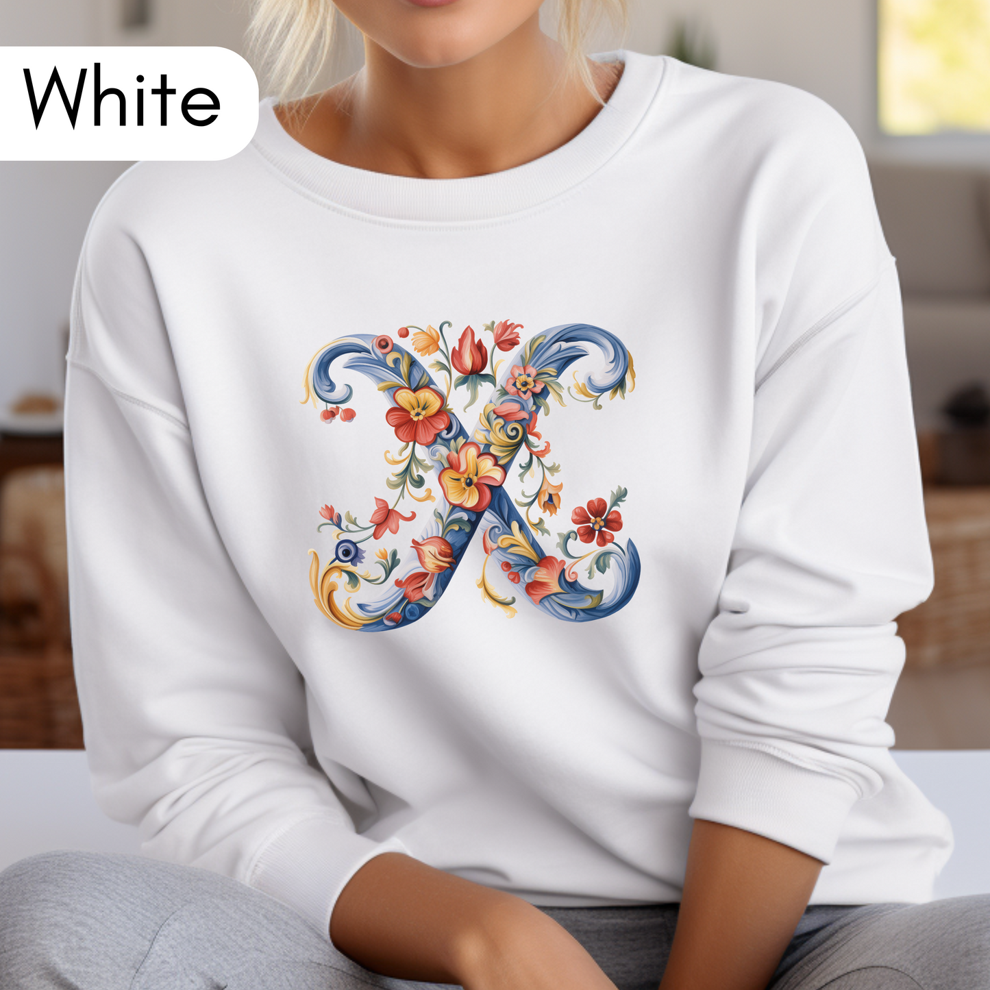 Monogram X Sweatshirt Norwegian Rosemaling Letter X Monogram Sweatshirt