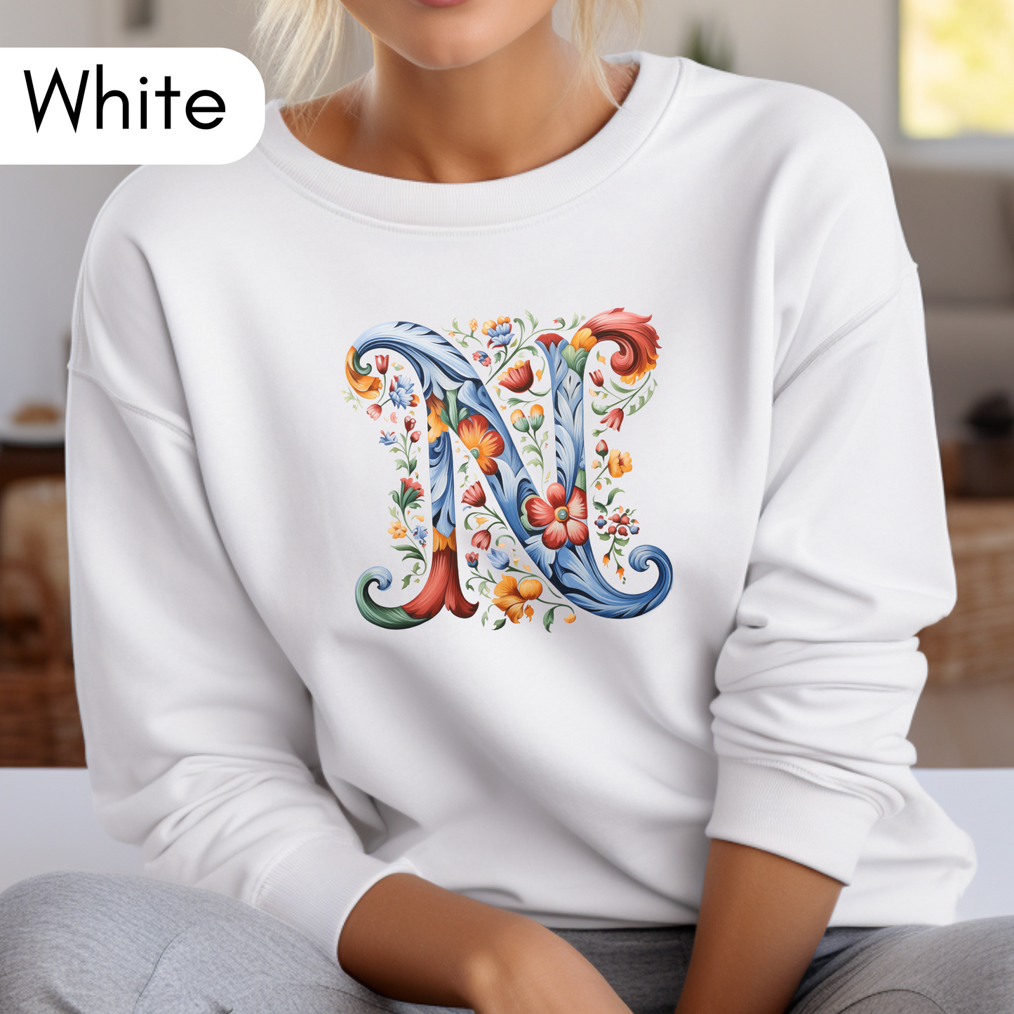 Monogram N Sweatshirt Norwegian Rosemaling Letter N Monogram Sweatshirt