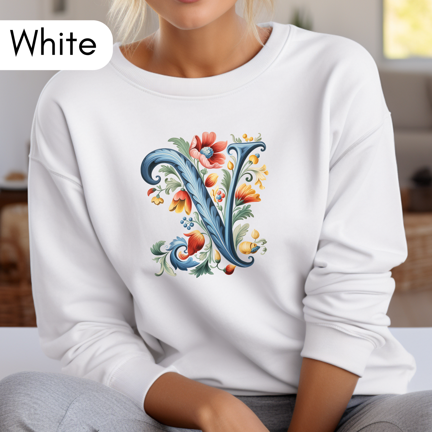 Monogram V Sweatshirt Norwegian Rosemaling Letter V Monogram Sweatshirt