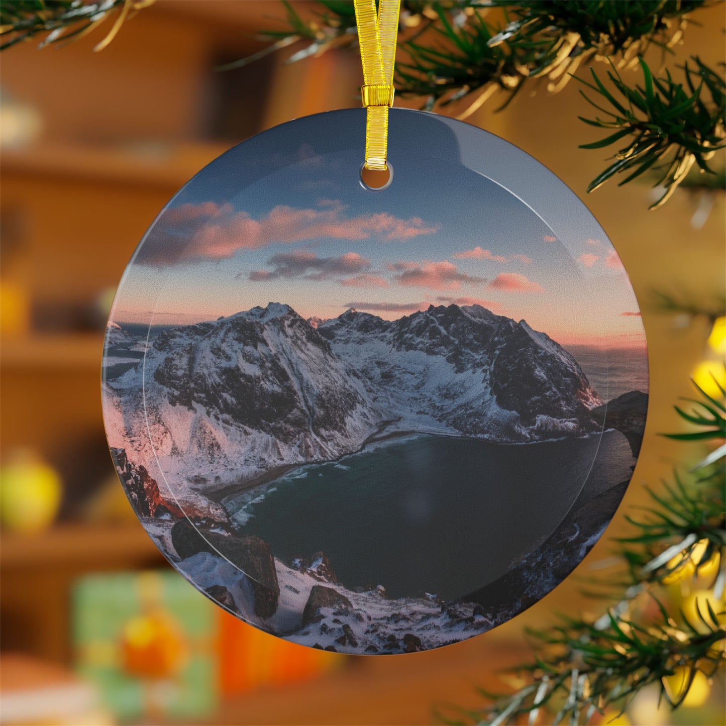 Norwegian Glass Christmas Ornament Mountain Sunset Design, Beveled Glass, Elegant Holiday Decor Gift