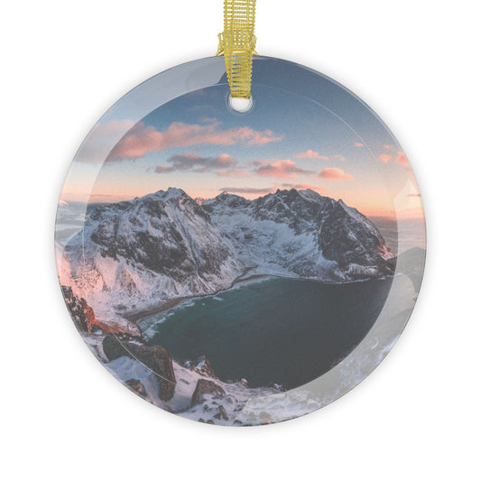 Norwegian Glass Christmas Ornament Mountain Sunset Design, Beveled Glass, Elegant Holiday Decor Gift