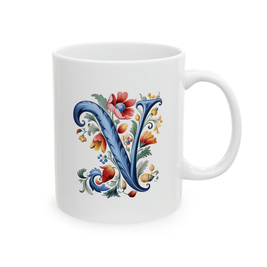 V Norwegian Rosemaling Mug Norway Alphabet Coffee Mug 11oz