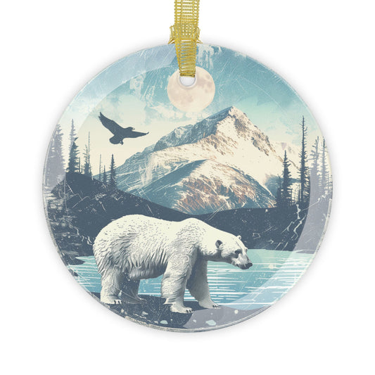 Norwegian Glass Christmas Ornament Polar Bear and Mountain Scene, Beveled Glass, Elegant Holiday Decor Gift