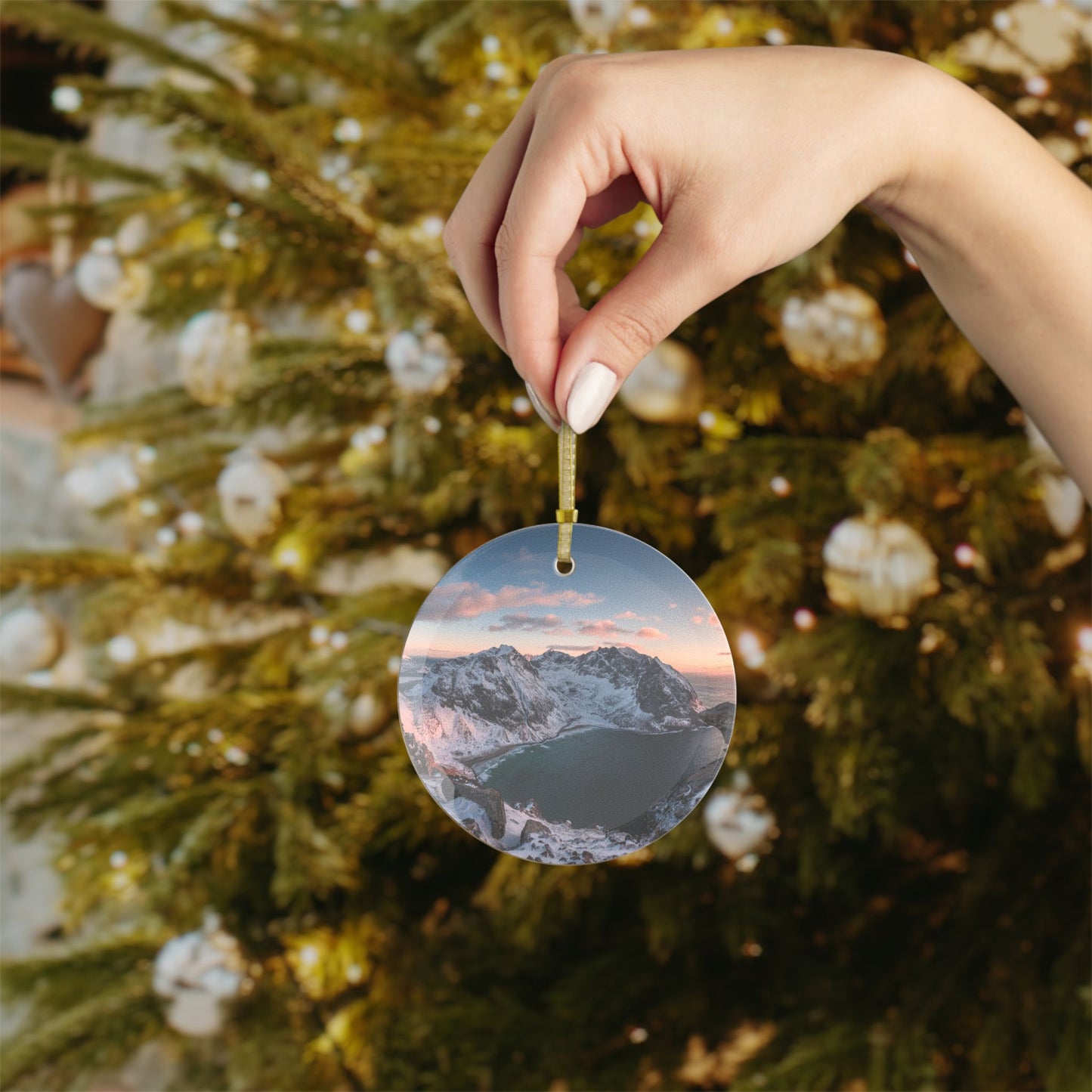 Norwegian Glass Christmas Ornament Mountain Sunset Design, Beveled Glass, Elegant Holiday Decor Gift