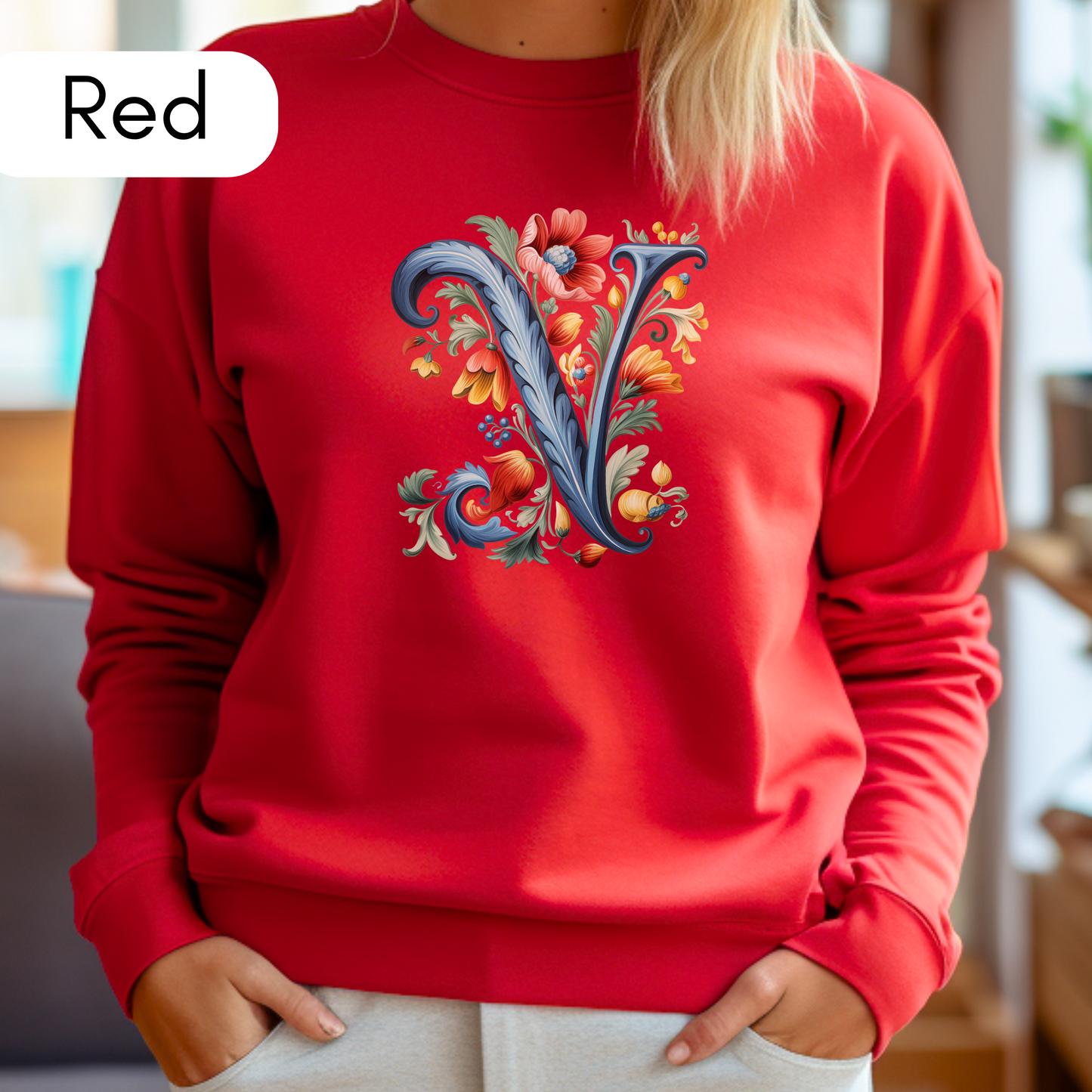 Monogram V Sweatshirt Norwegian Rosemaling Letter V Monogram Sweatshirt