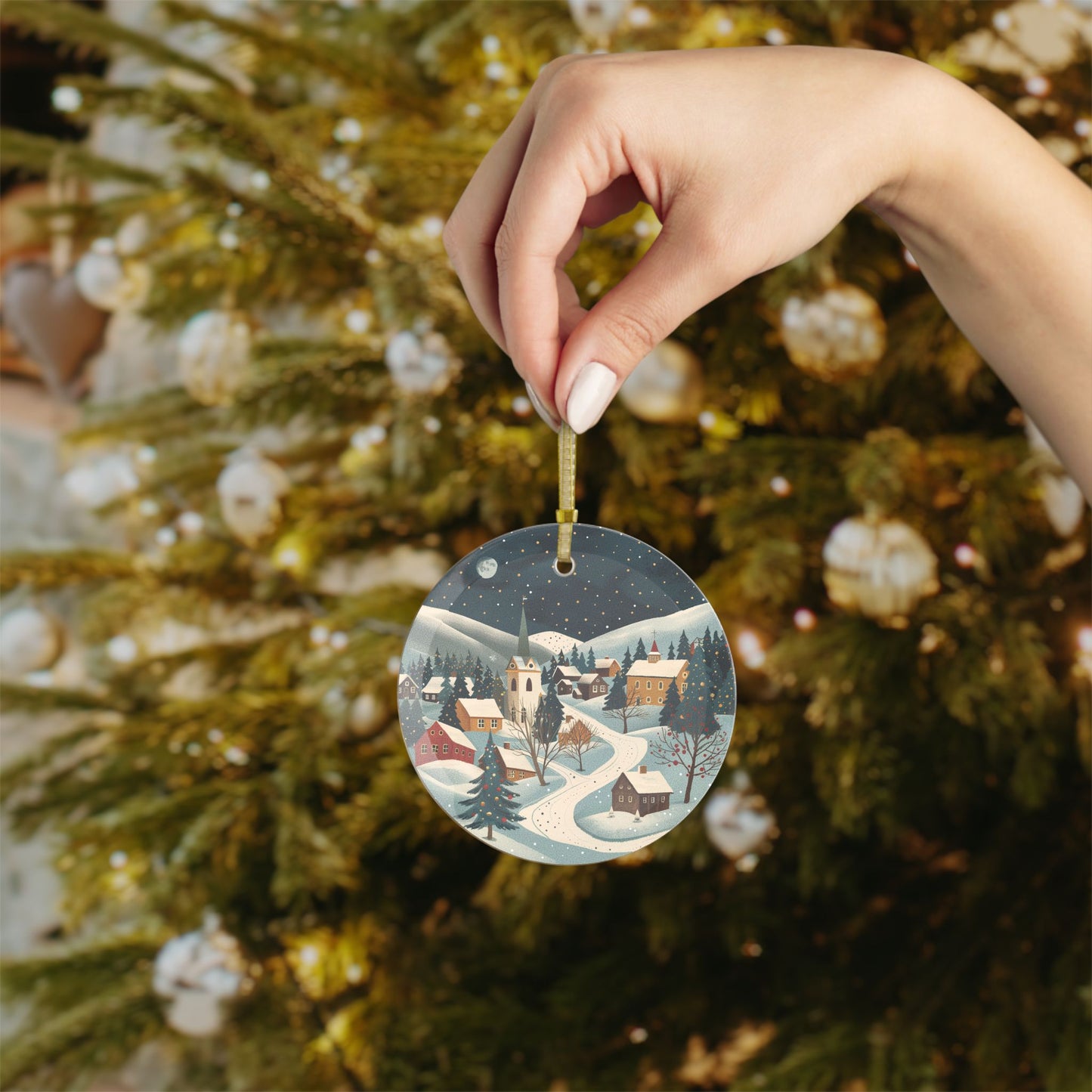 Snowy Village Glass Ornament Elegant Christmas Decoration, Holiday Gift, Nordic Winter Scene Decor