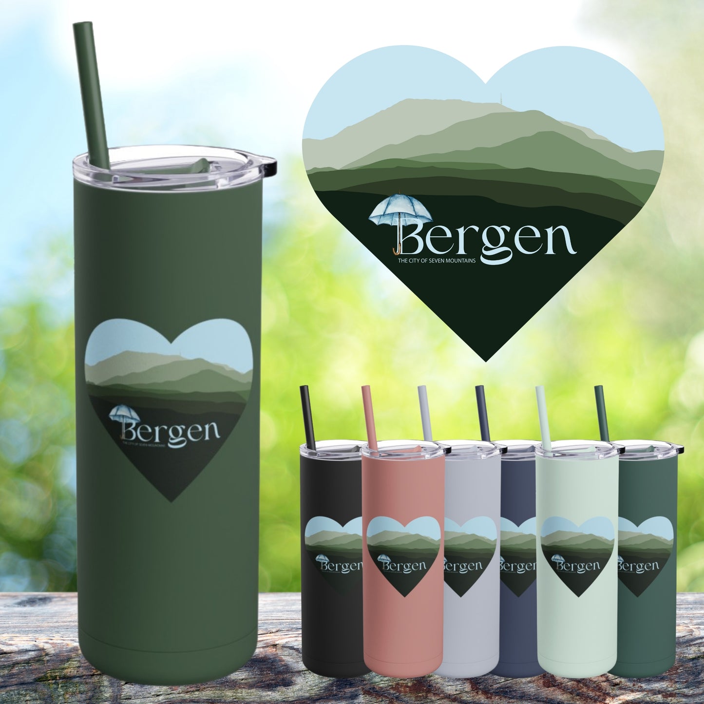 Bergen Seven Mountains 20 oz Tumbler Skinny Tumbler Bergen Tumbler Bergen Souvenir