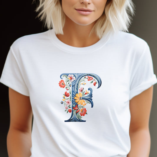 F Monogram T-Shirt – Rosemaling Norwegian Letter Tee