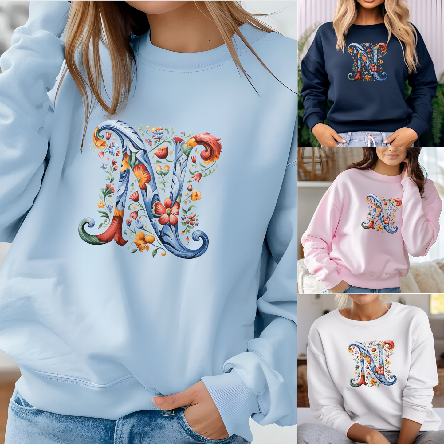 Monogram N Sweatshirt Norwegian Rosemaling Letter N Monogram Sweatshirt