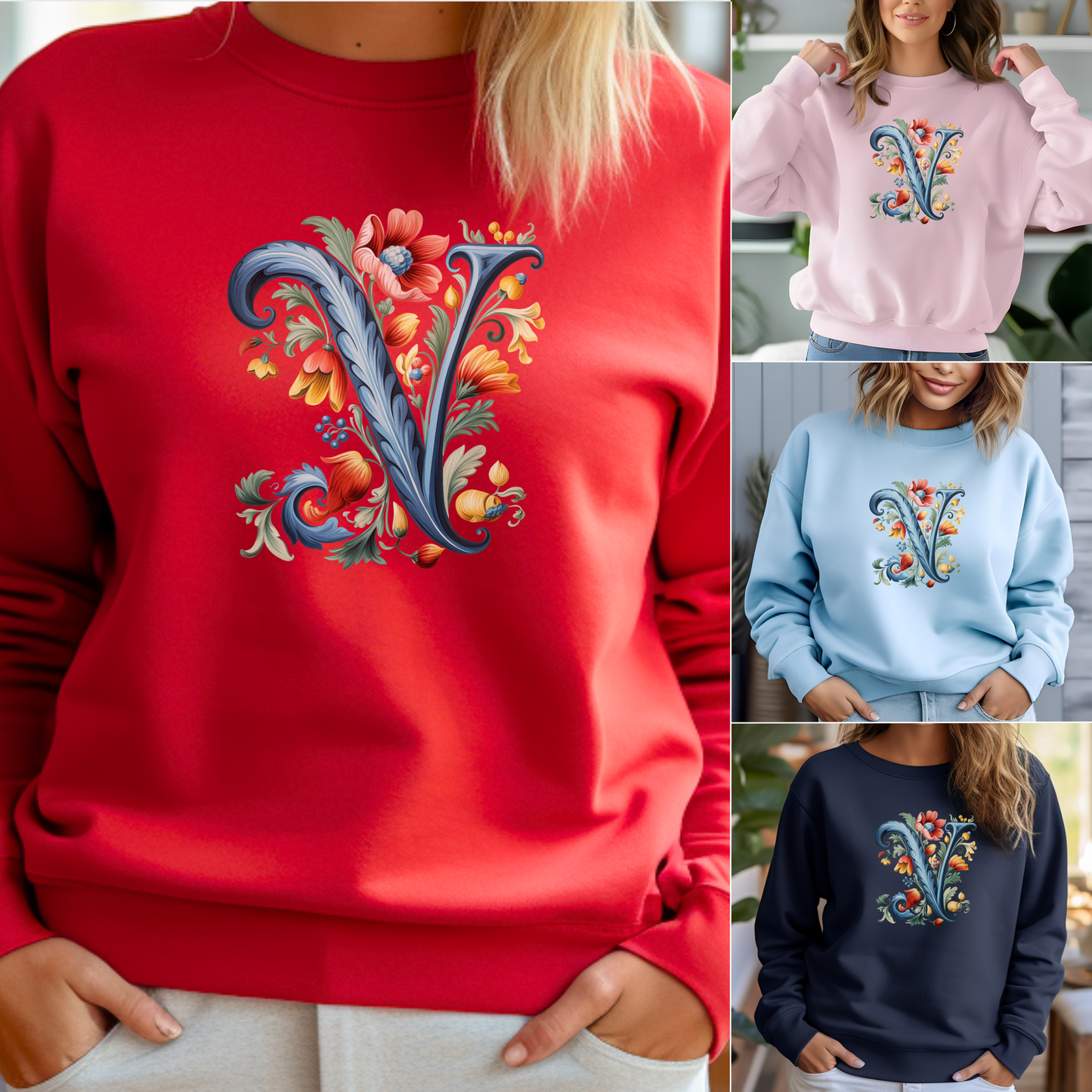 Monogram V Sweatshirt Norwegian Rosemaling Letter V Monogram Sweatshirt