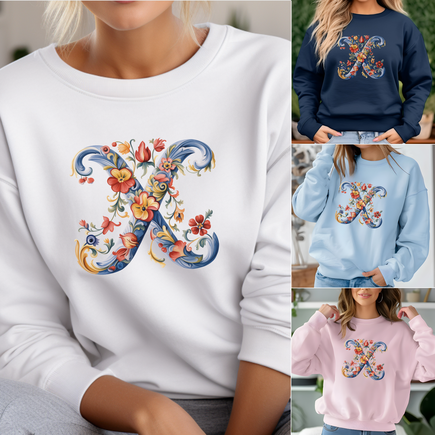 Monogram X Sweatshirt Norwegian Rosemaling Letter X Monogram Sweatshirt